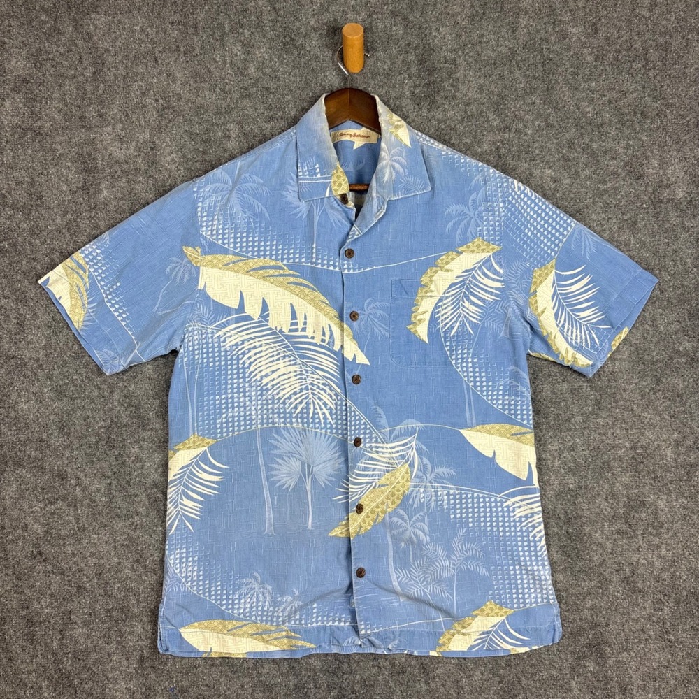 Tommy Bahama Mens Blue 100% Silk Tropical Palm Leaf Print Button Up Shirt Medium - Picture 1 of 5